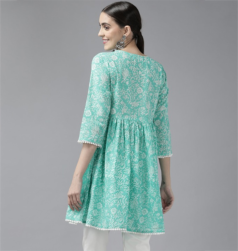 Green & White Printed Tunic with Tie-up Neck